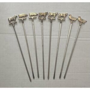 Vintage Interpur Stainless Steel Skewer Set 0607 Gold-toned Farm Animal Toppers